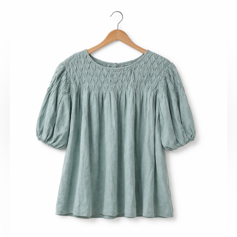 NWT Anthropologie Smocked Yoke Puff Sleeve Linen Blend Blouse XS Sage Green